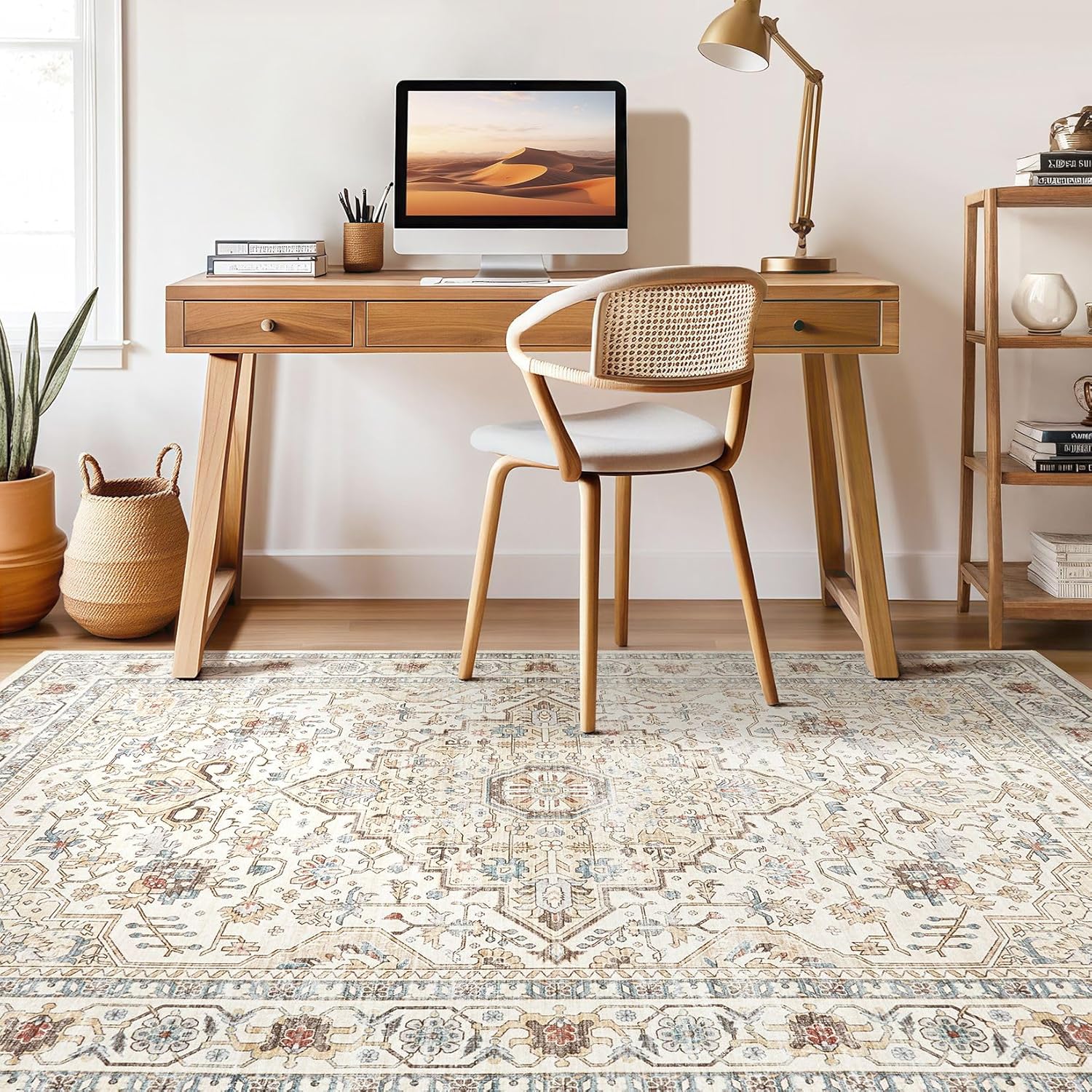 9x12 Area Rug Living Room: Washable Boho Large Neutral Vintage Soft Rugs Stain Resistant Farmhouse Non Slip Indoor Floor Carpet for Bedroom Nursery Kids Playroom Office Dining Room- Cream Blue